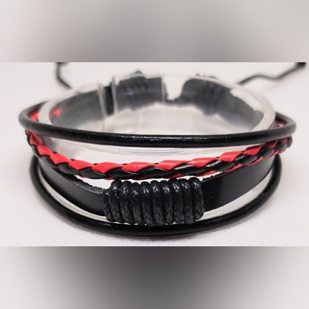 Men's bracelet leather braided layered black new e53‎